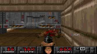 The Doom marine shooting down a demon in PlayStation 1 game Doom.