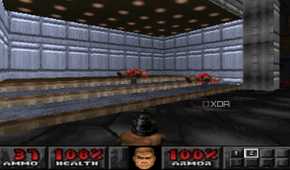 The Doom marine shooting down two demons with a pistol in PlayStation 1 game Doom.