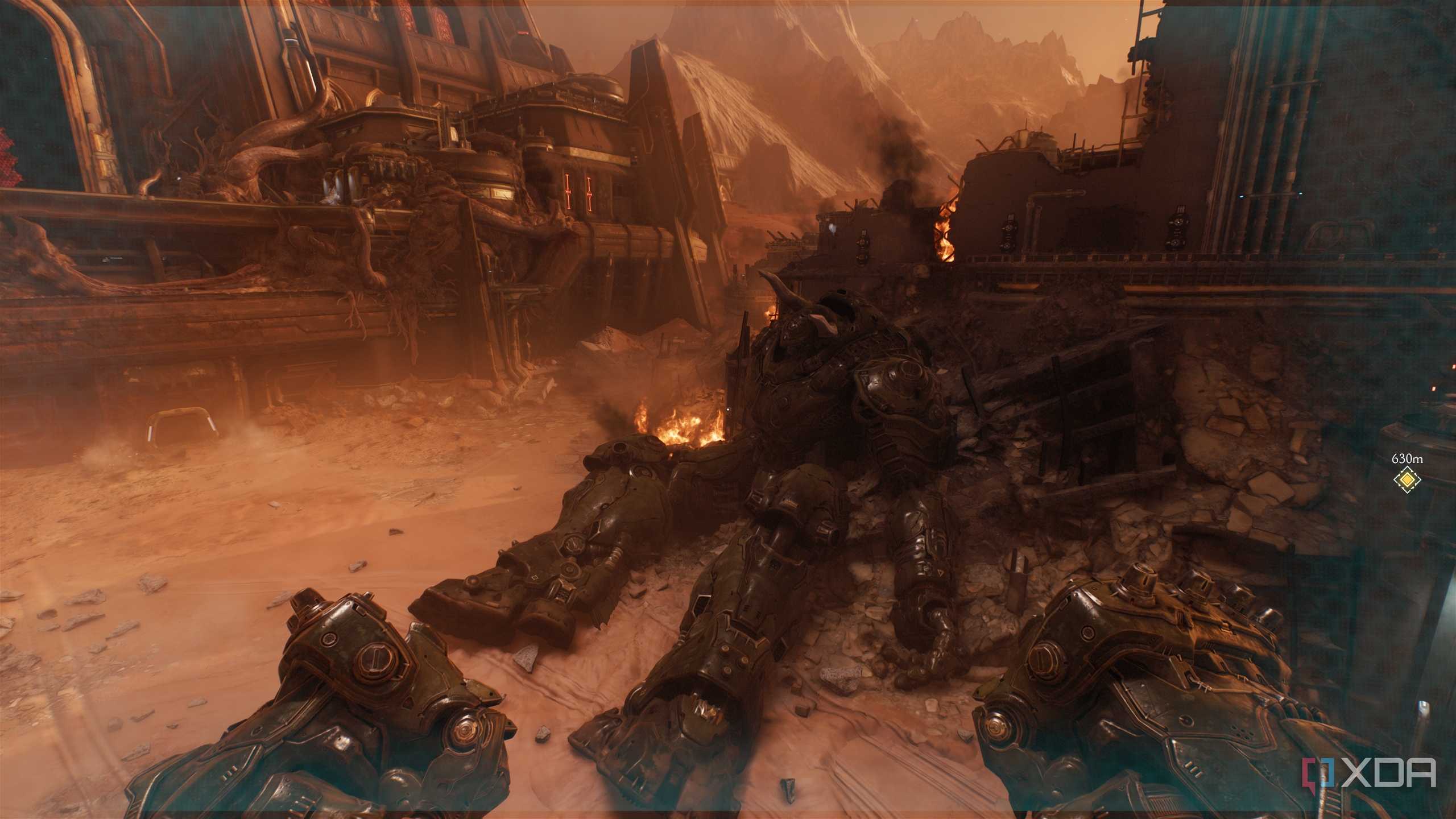 A downed Atlan Mech in Doom: The Dark Ages.