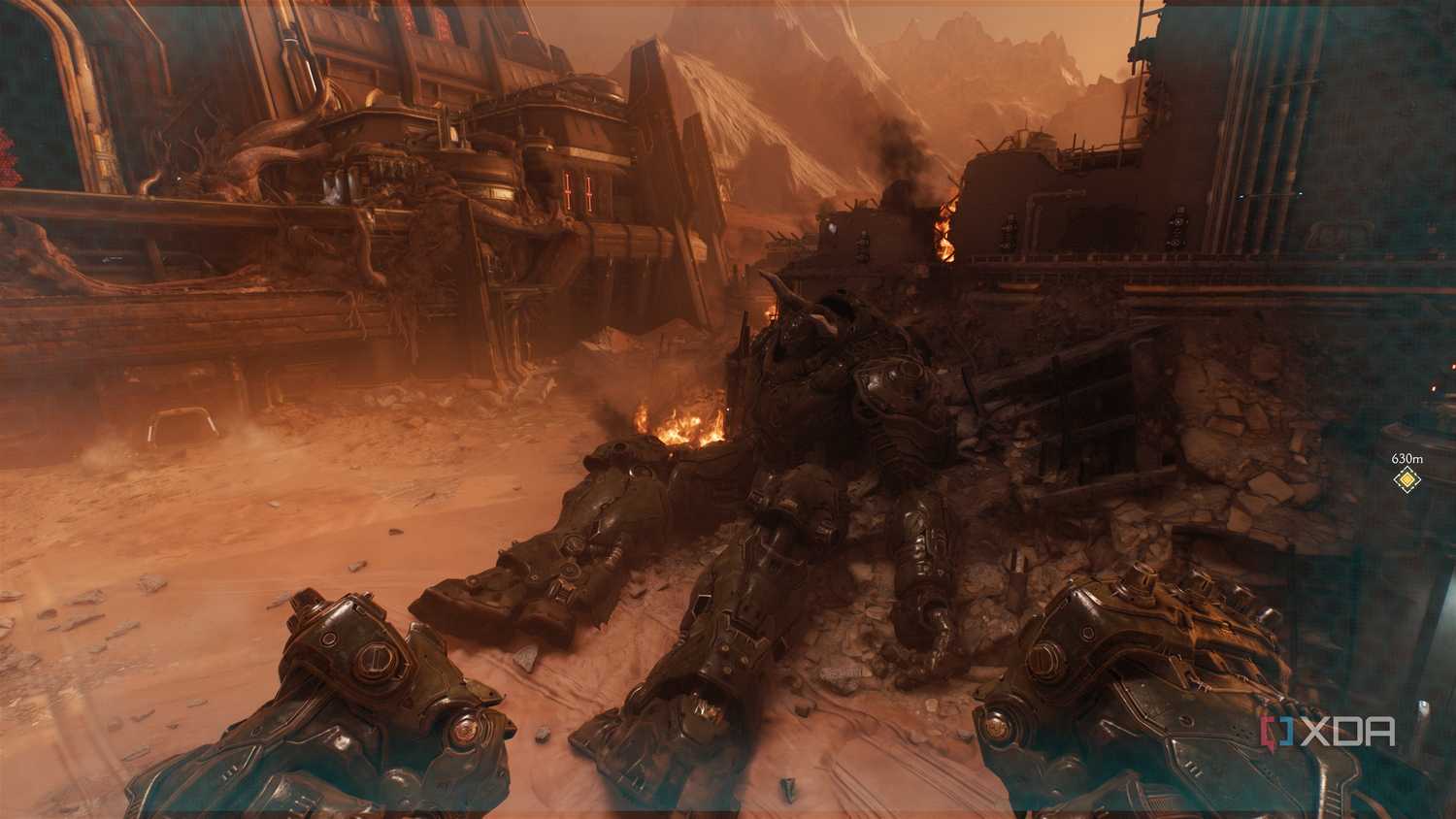 A downed Atlan Mech in Doom: The Dark Ages.
