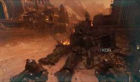 A downed Atlan Mech in Doom: The Dark Ages.