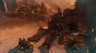 A downed Atlan Mech in Doom: The Dark Ages.