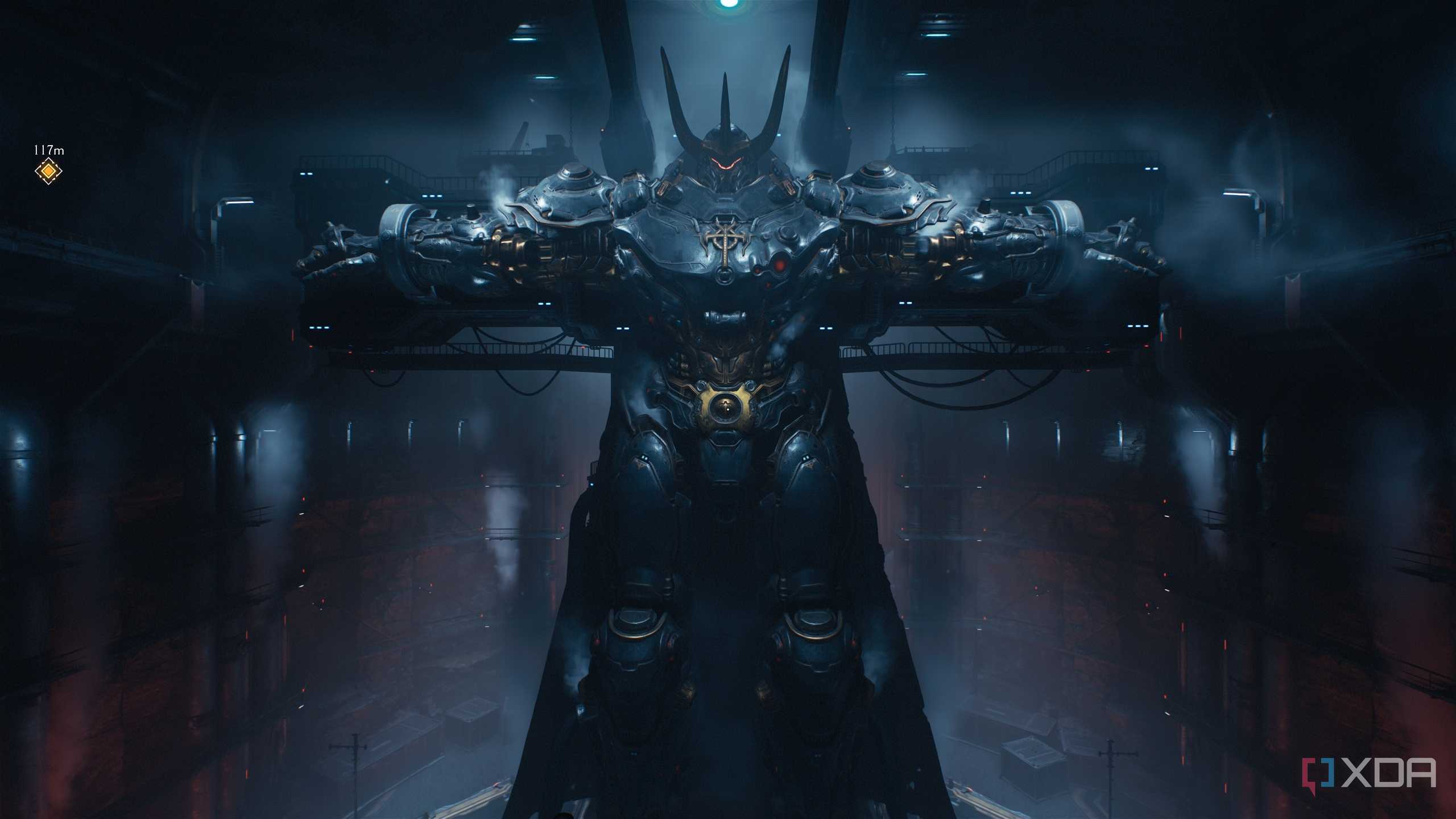 A gray Atlan Mech in Doom: The Dark Ages.