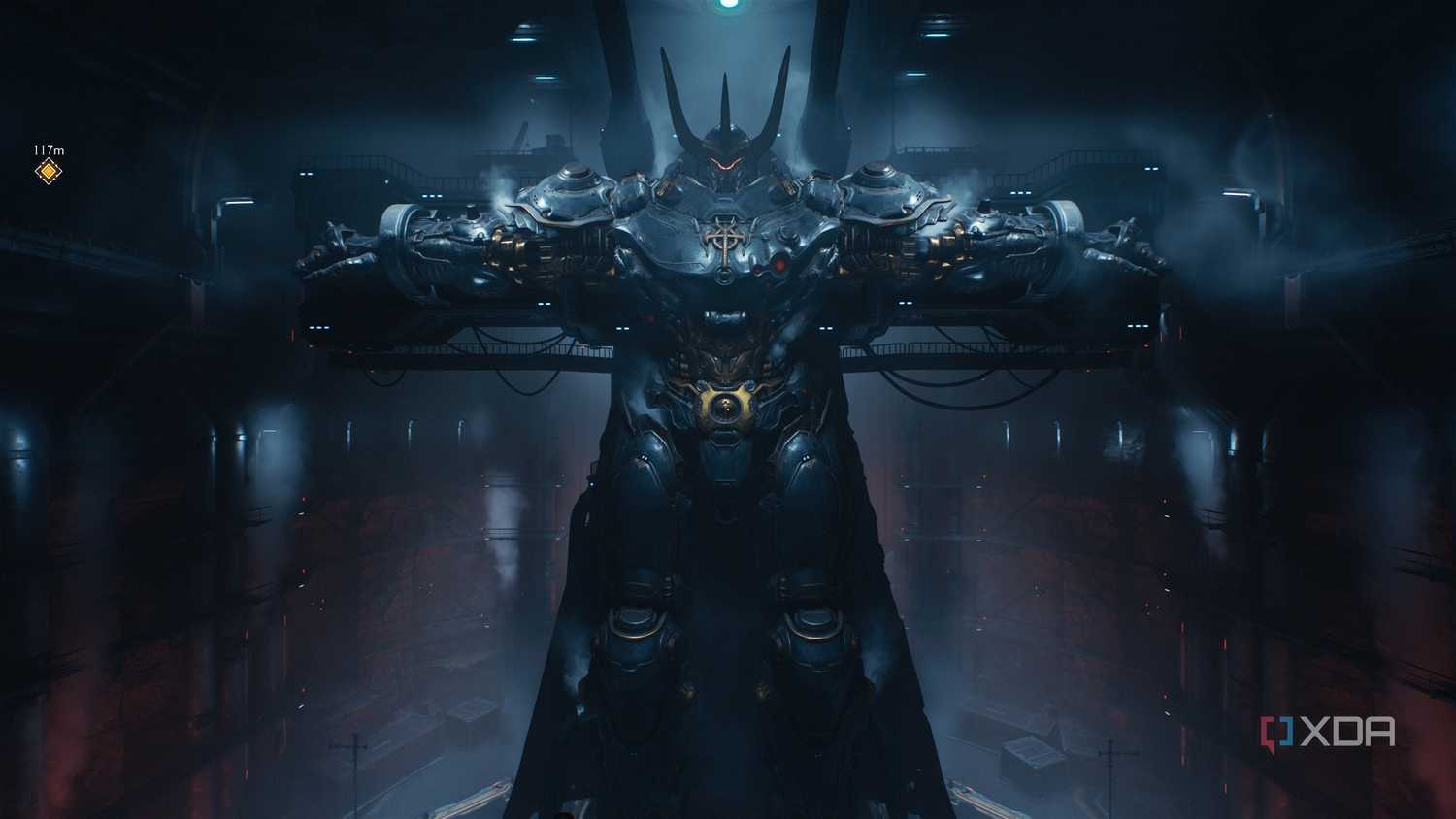 A gray Atlan Mech in Doom: The Dark Ages.