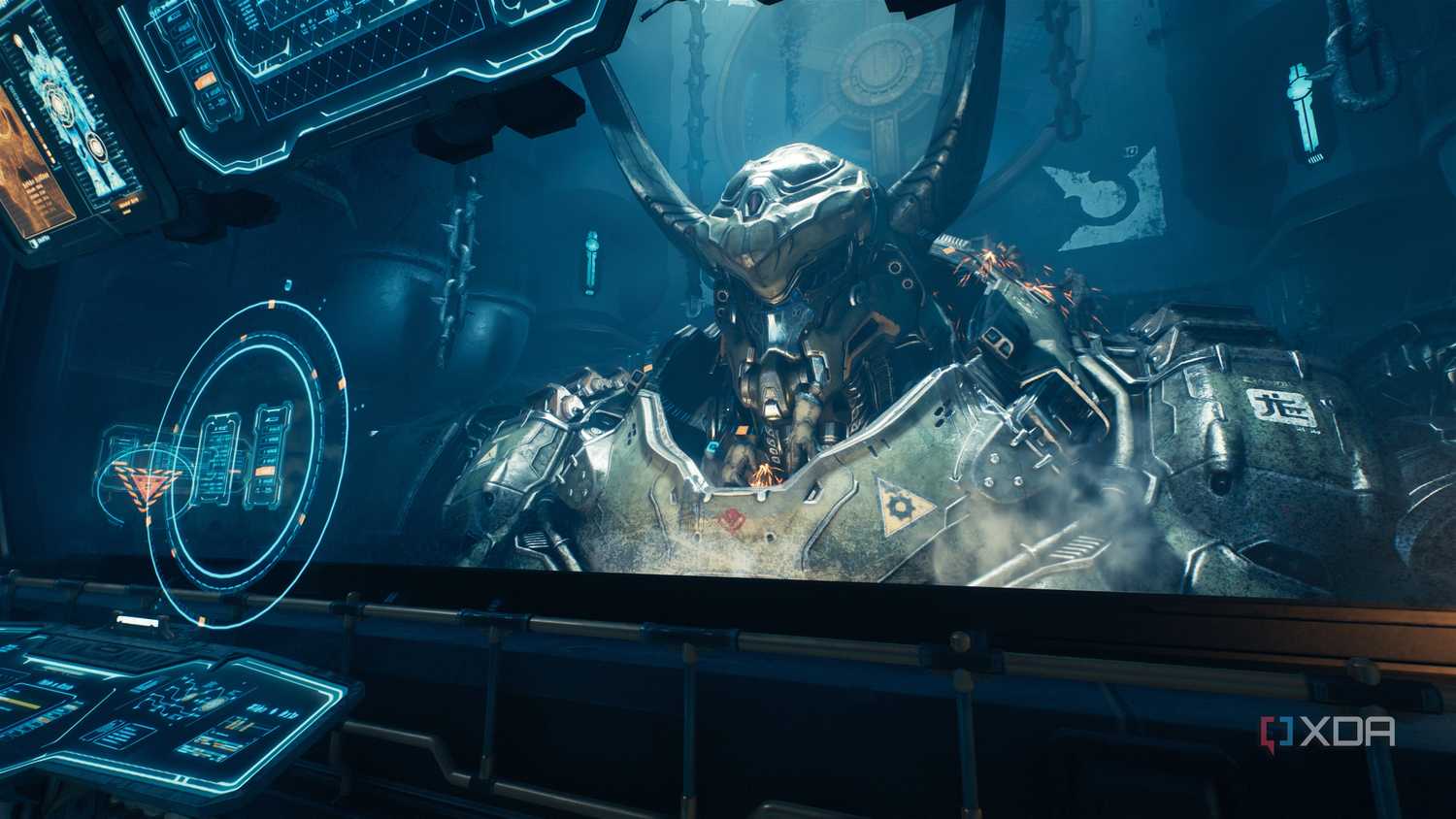 A huge Atlan Mech stationed and being monitored in Doom: The Dark Ages.
