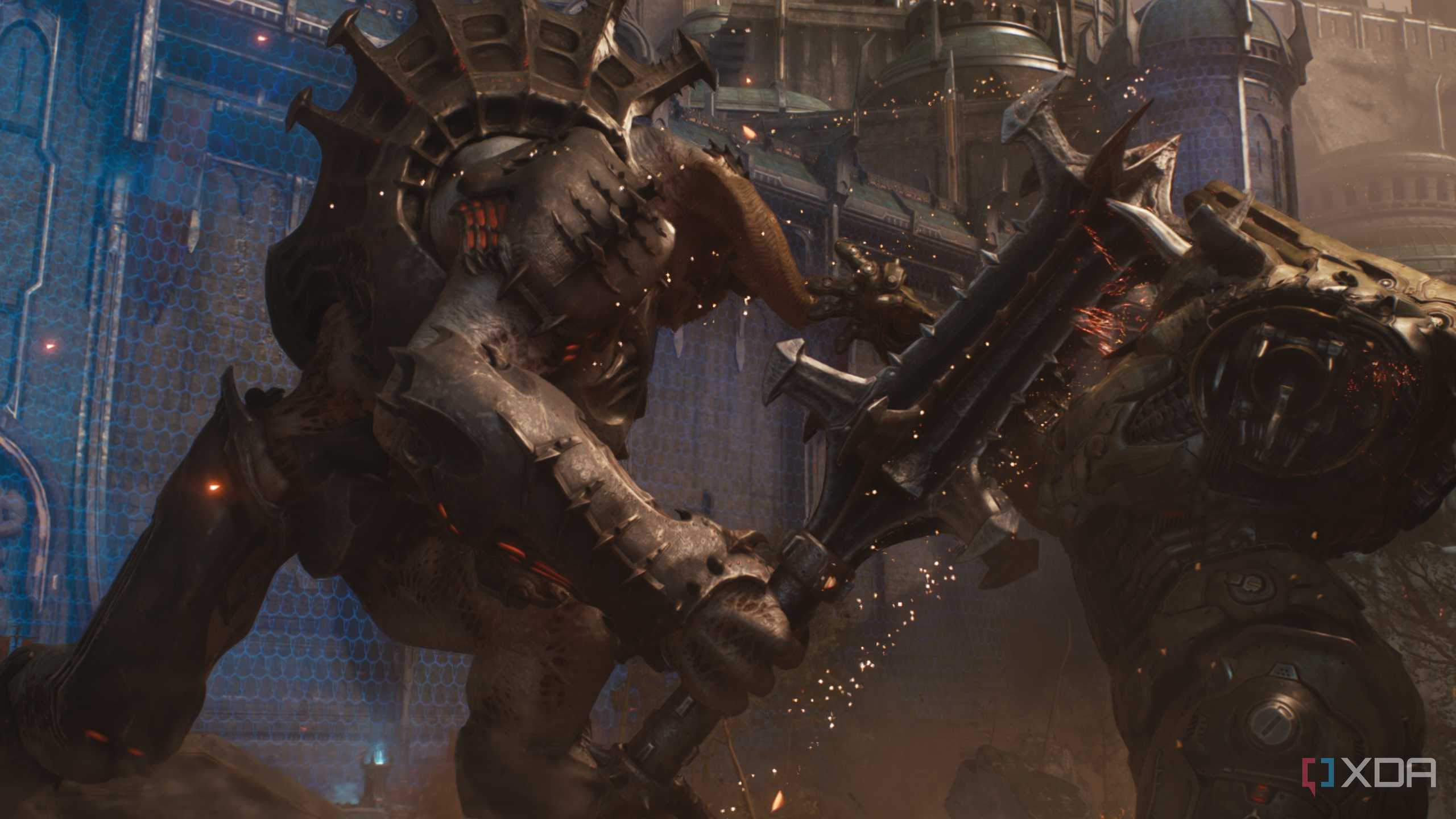A humongous demon titan and Atlan Mech fighting in Doom: The Dark Ages.