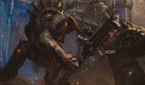 A humongous demon titan and Atlan Mech fighting in Doom: The Dark Ages.