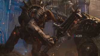 A humongous demon titan and Atlan Mech fighting in Doom: The Dark Ages.