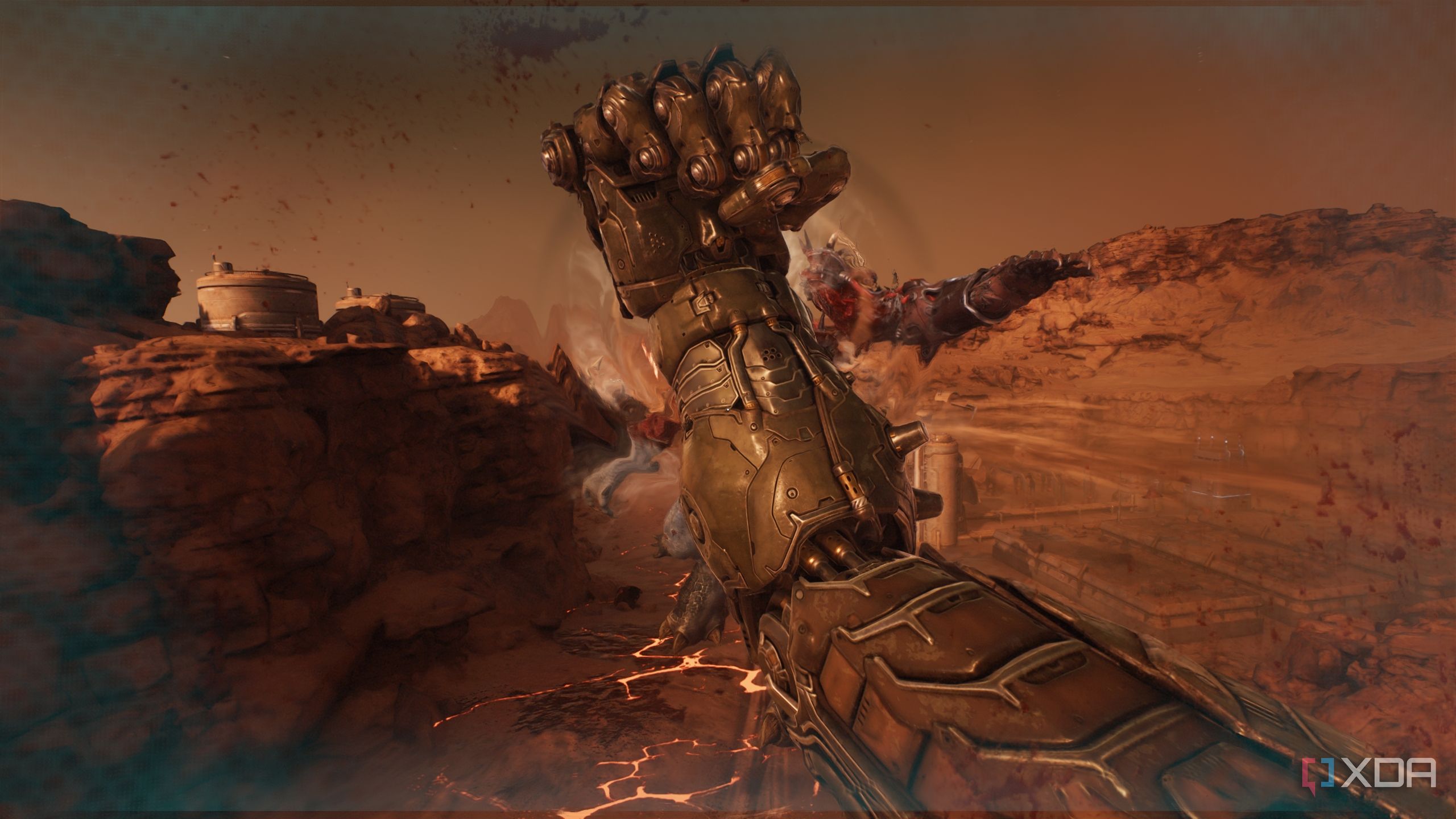 The Atlan Mech throwing an uppercut in Doom: The Dark Ages.