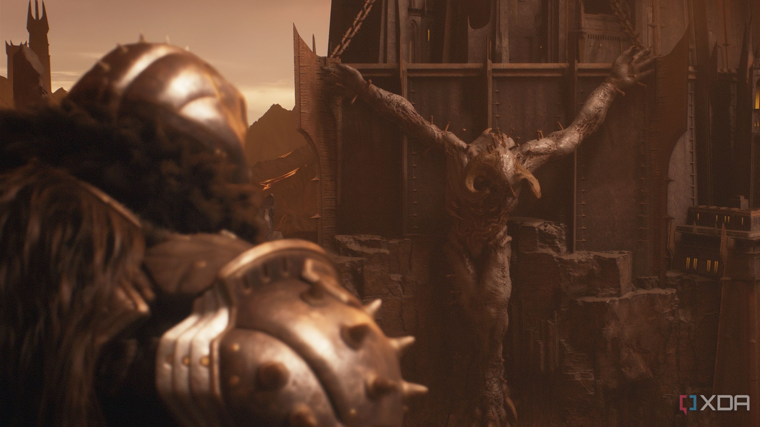 The Doom Slayer looking at a huge crucified Titan.