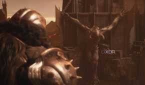 The Doom Slayer looking at a huge crucified Titan.