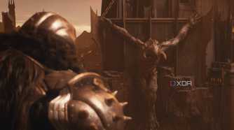 The Doom Slayer looking at a huge crucified Titan.