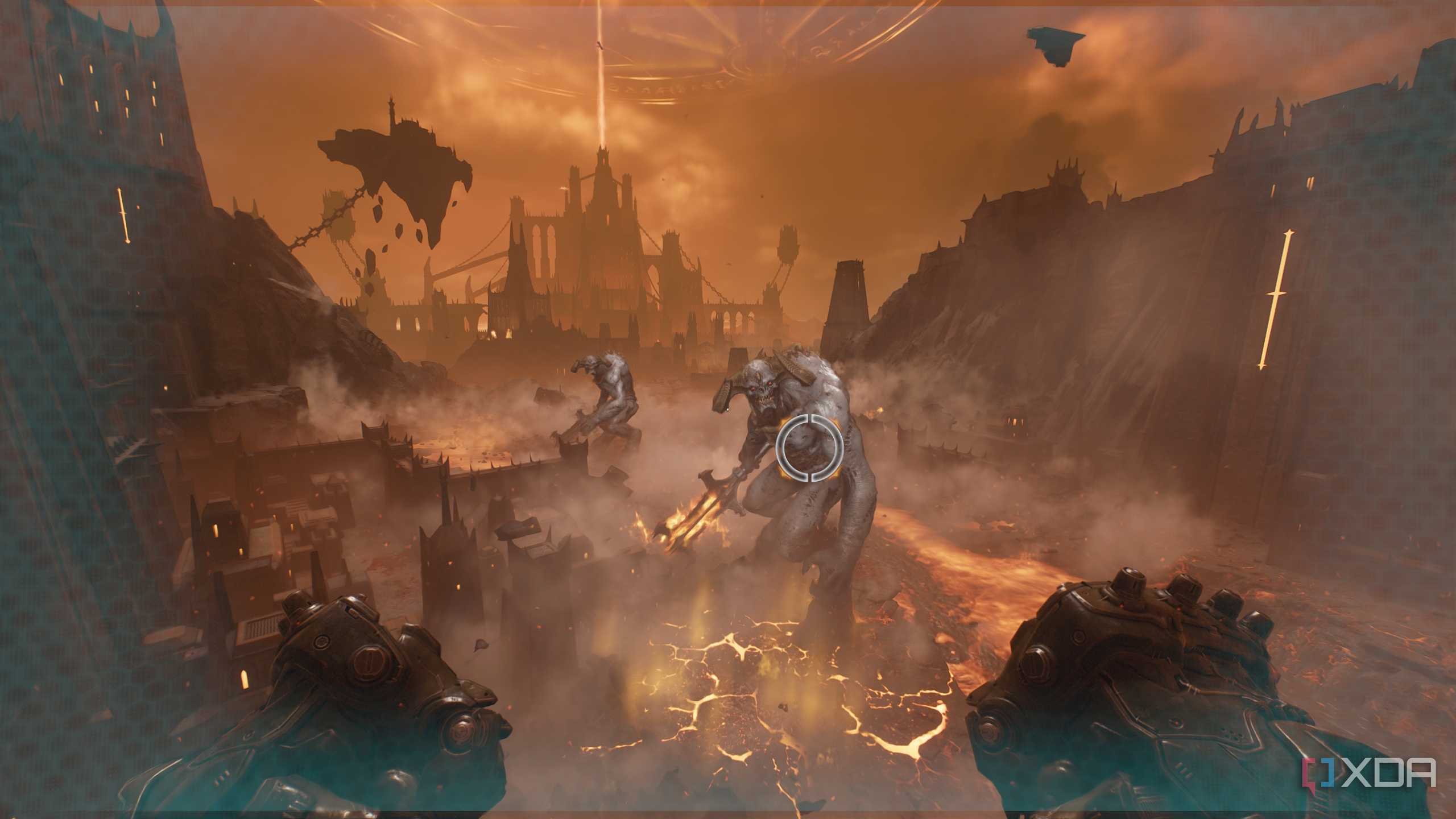 Two Titans standing in a line in Doom: The Dark Ages.