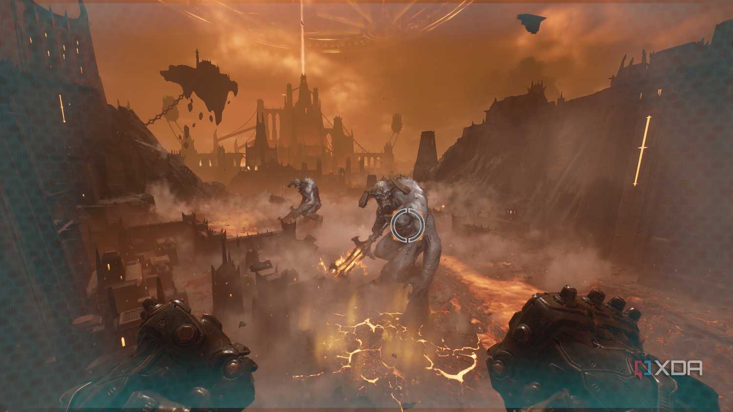 Two Titans standing in a line in Doom: The Dark Ages.