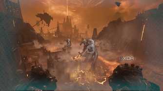 Two Titans standing in a line in Doom: The Dark Ages.