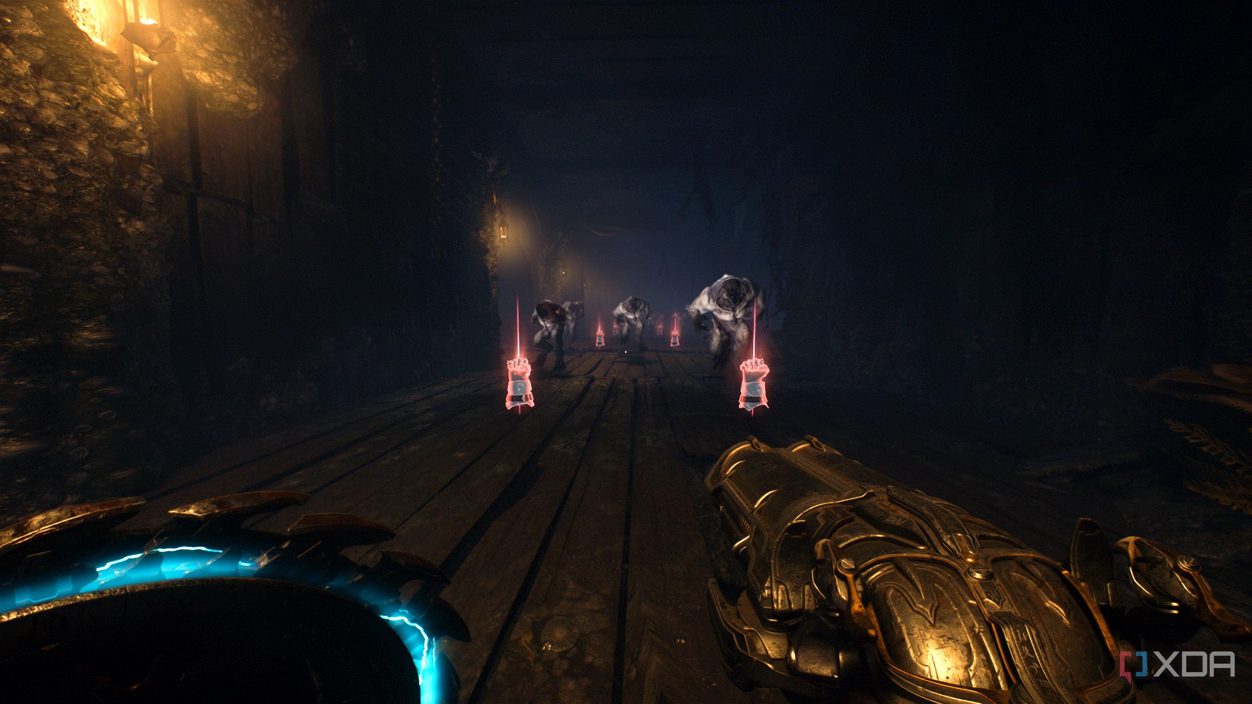 A corridor lined with Hellknights and Melee charge ammo in chapter 17 of Doom: The Dark Ages.