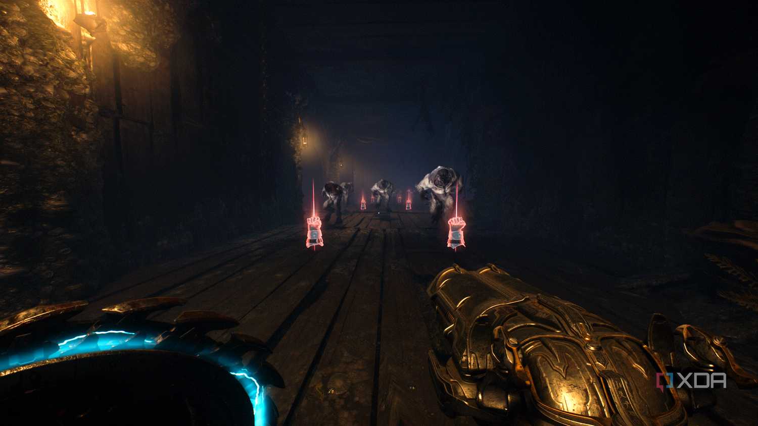 A corridor lined with Hellknights and Melee charge ammo in chapter 17 of Doom: The Dark Ages.
