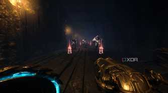 A corridor lined with Hellknights and Melee charge ammo in chapter 17 of Doom: The Dark Ages.
