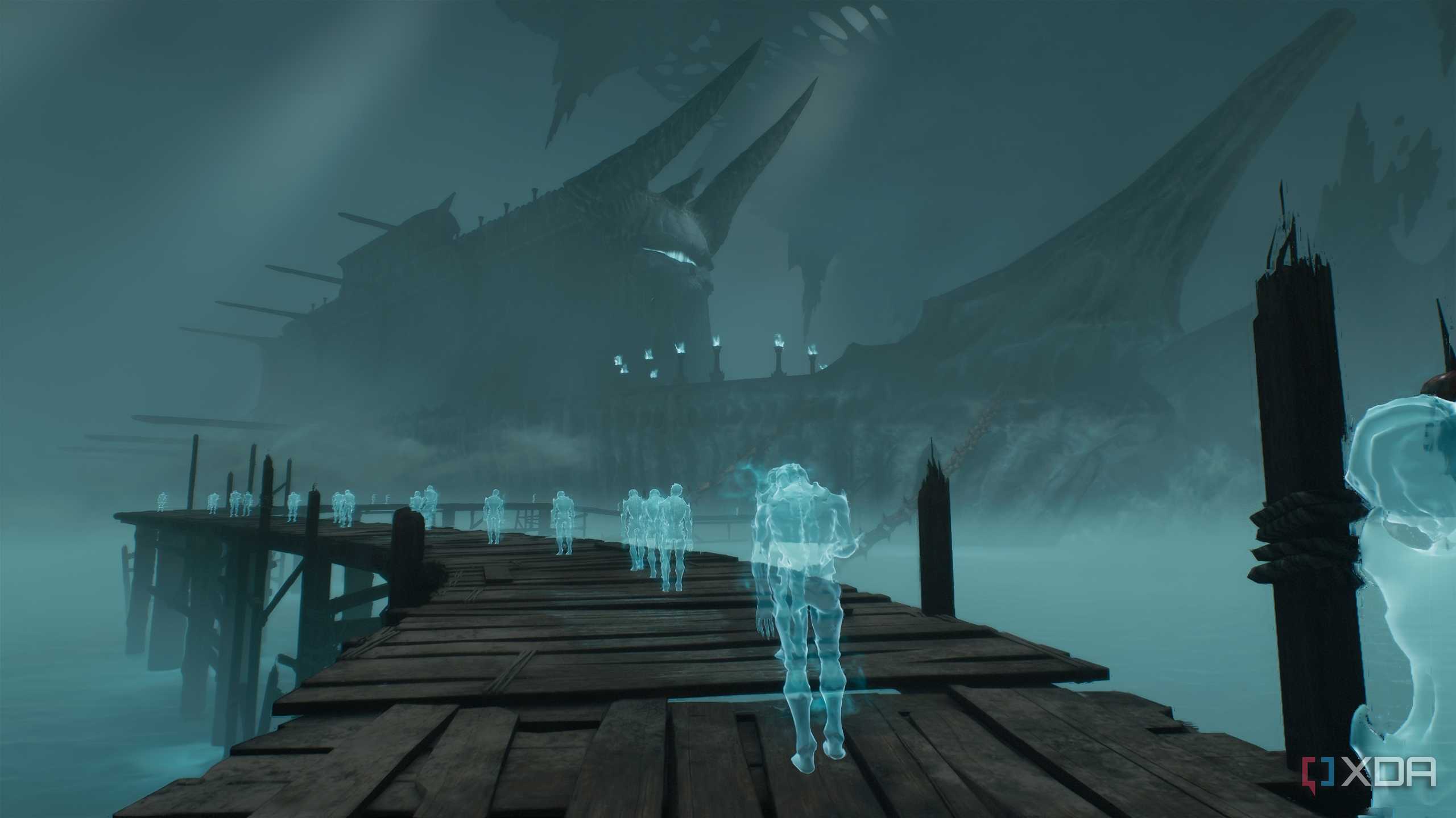 Wooden pier leading to the barge of souls in chapter 19 of Doom: The Dark Ages.