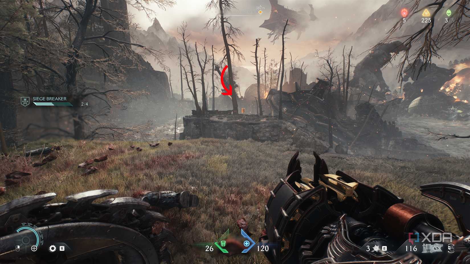 An arrow pointing to a rocky platform and a codex page in Doom: The Dark Ages.