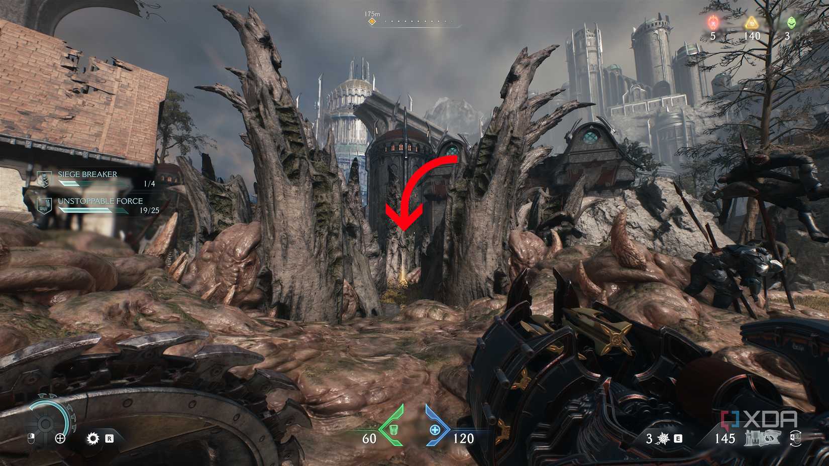 An arrow pointing to a gold stack in Doom: The Dark Ages.