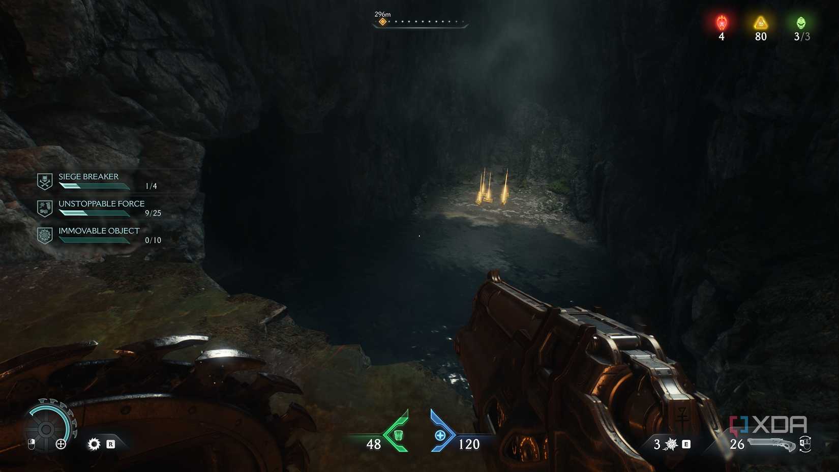 Gold bars lying on the ground across a small pond in Doom: The Dark Ages.