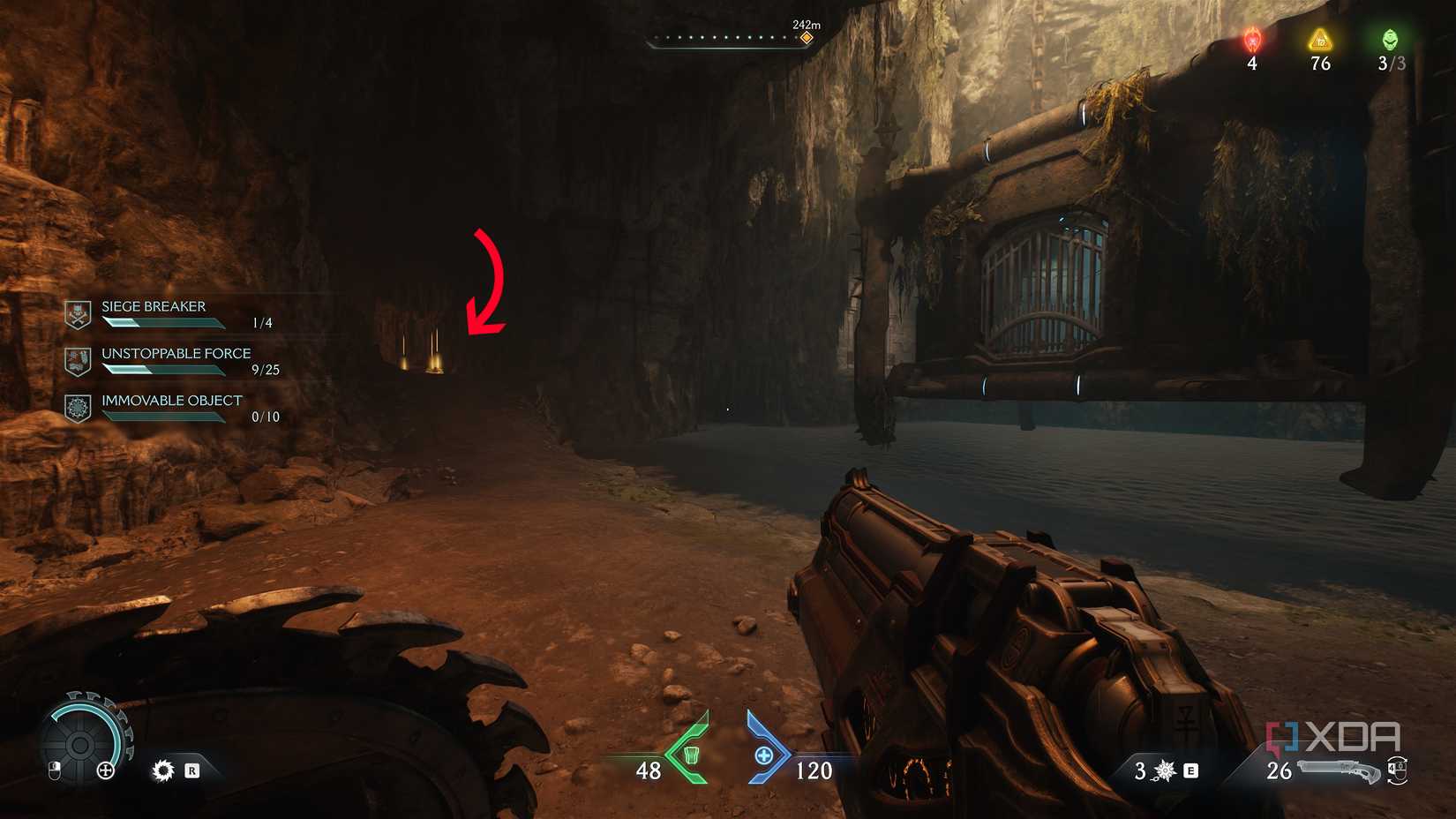 An arrow pointing to gold bars on the ground in Doom: The Dark Ages.