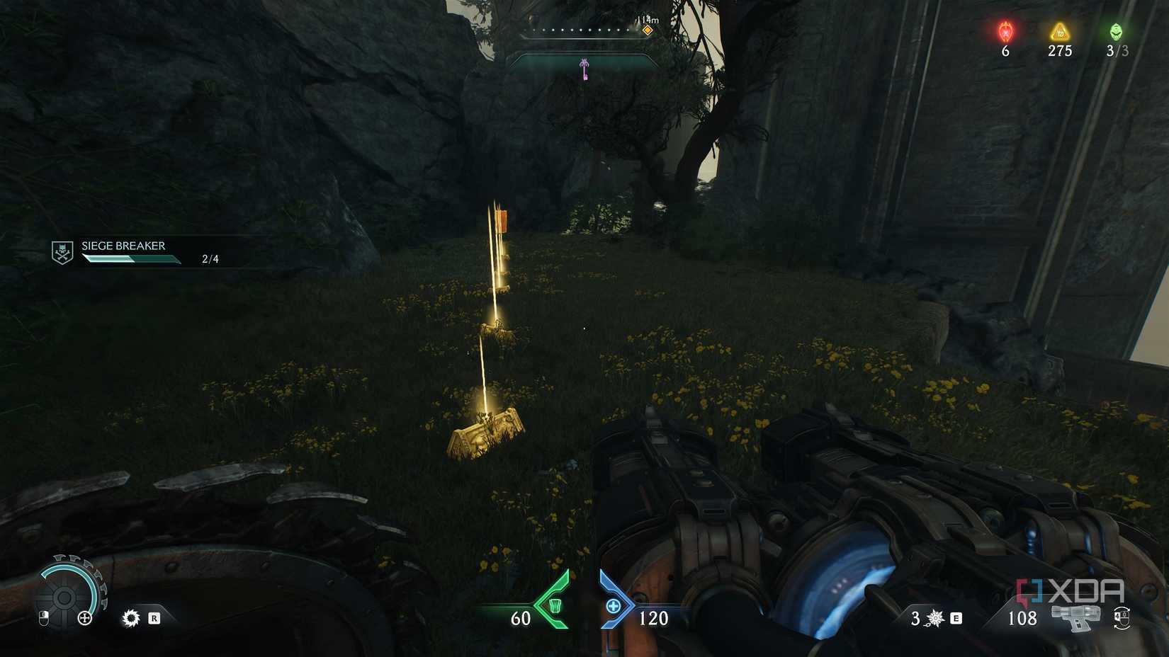Gold bars lined on the ground leading to a codex page in Doom: The Dark Ages.