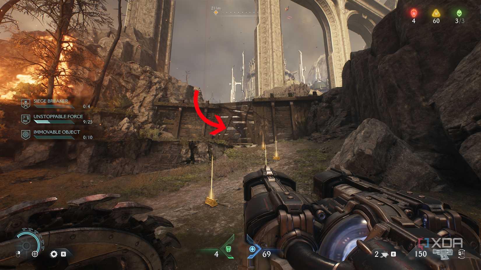 Gold bars and a wooden wall in Doom: The Dark Ages.