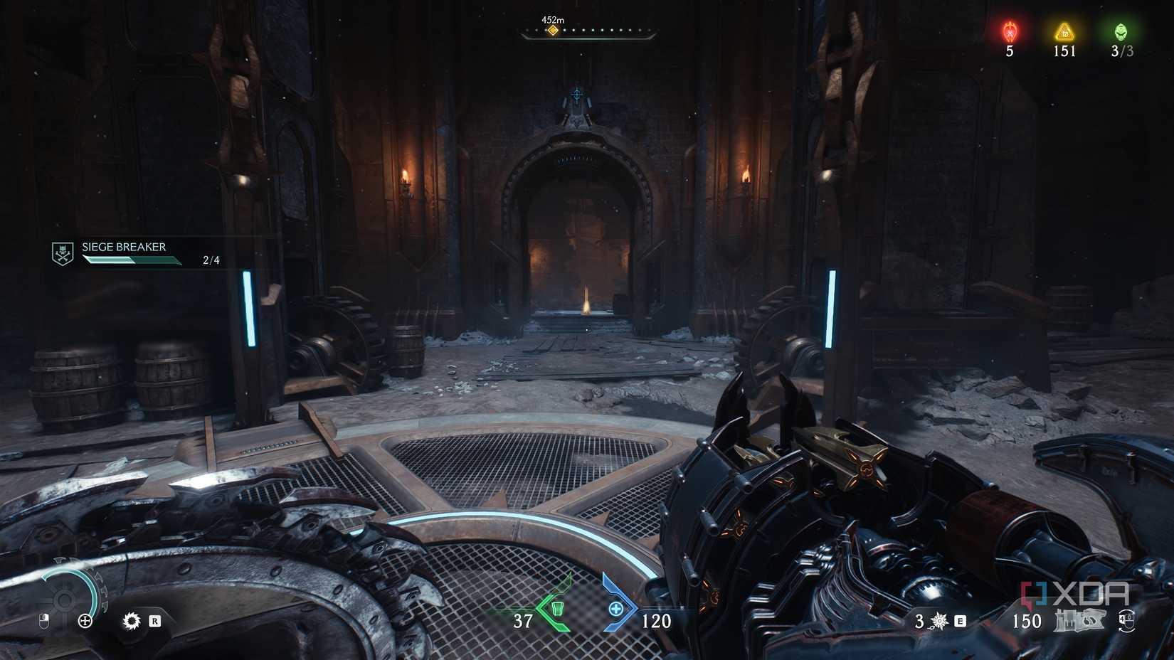 The slayer facing some gold bars on the ground in Doom: The Dark Ages.