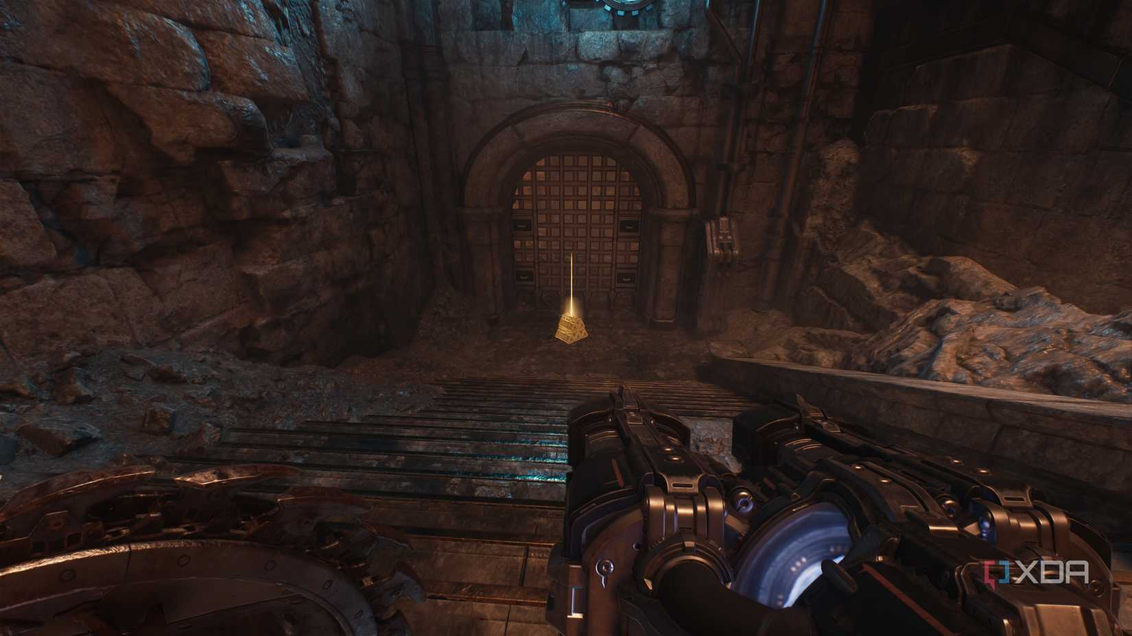 A staircase leading down to a gold stack in Doom: The Dark Ages.