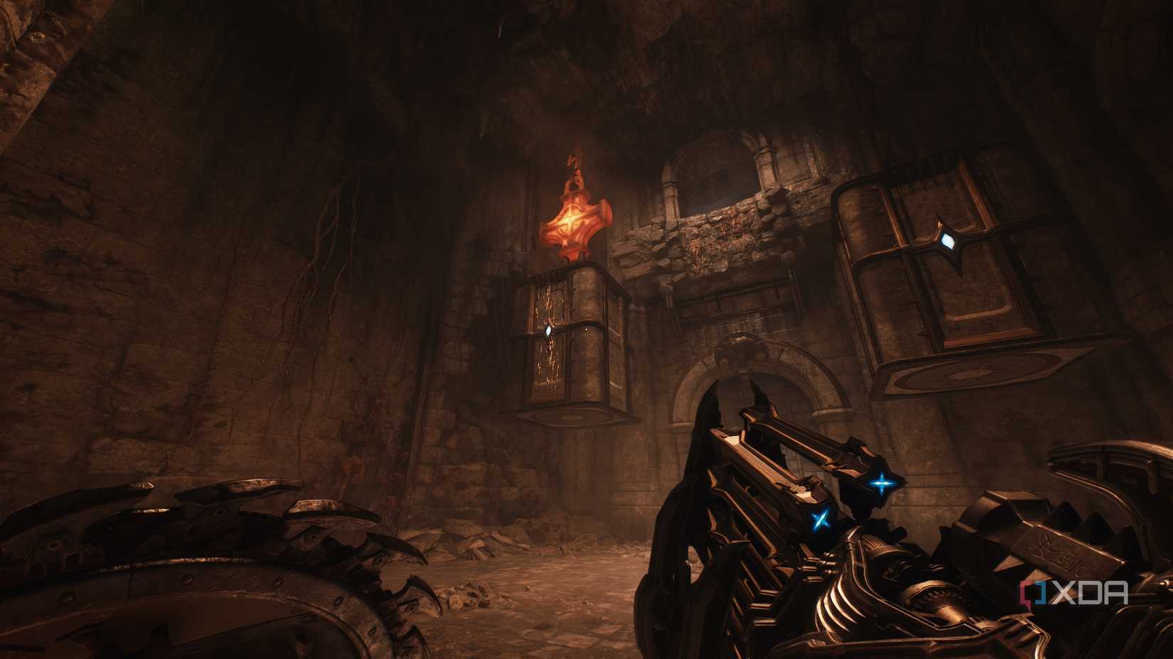 A heated metal cross in the air in Doom: The Dark Ages.