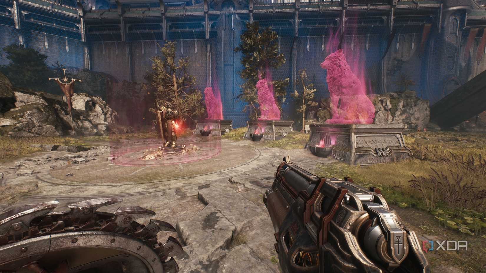 A magical seal consisting of three glowing lion statues in Doom: The Dark Ages.