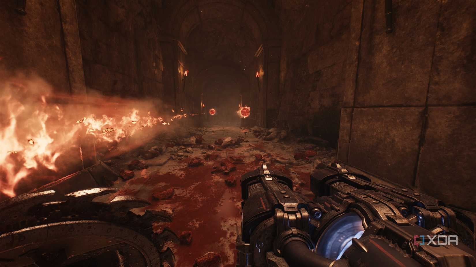 A corridor with multiple fiery projectiles heading the slayer's way in Doom: The Dark Ages.