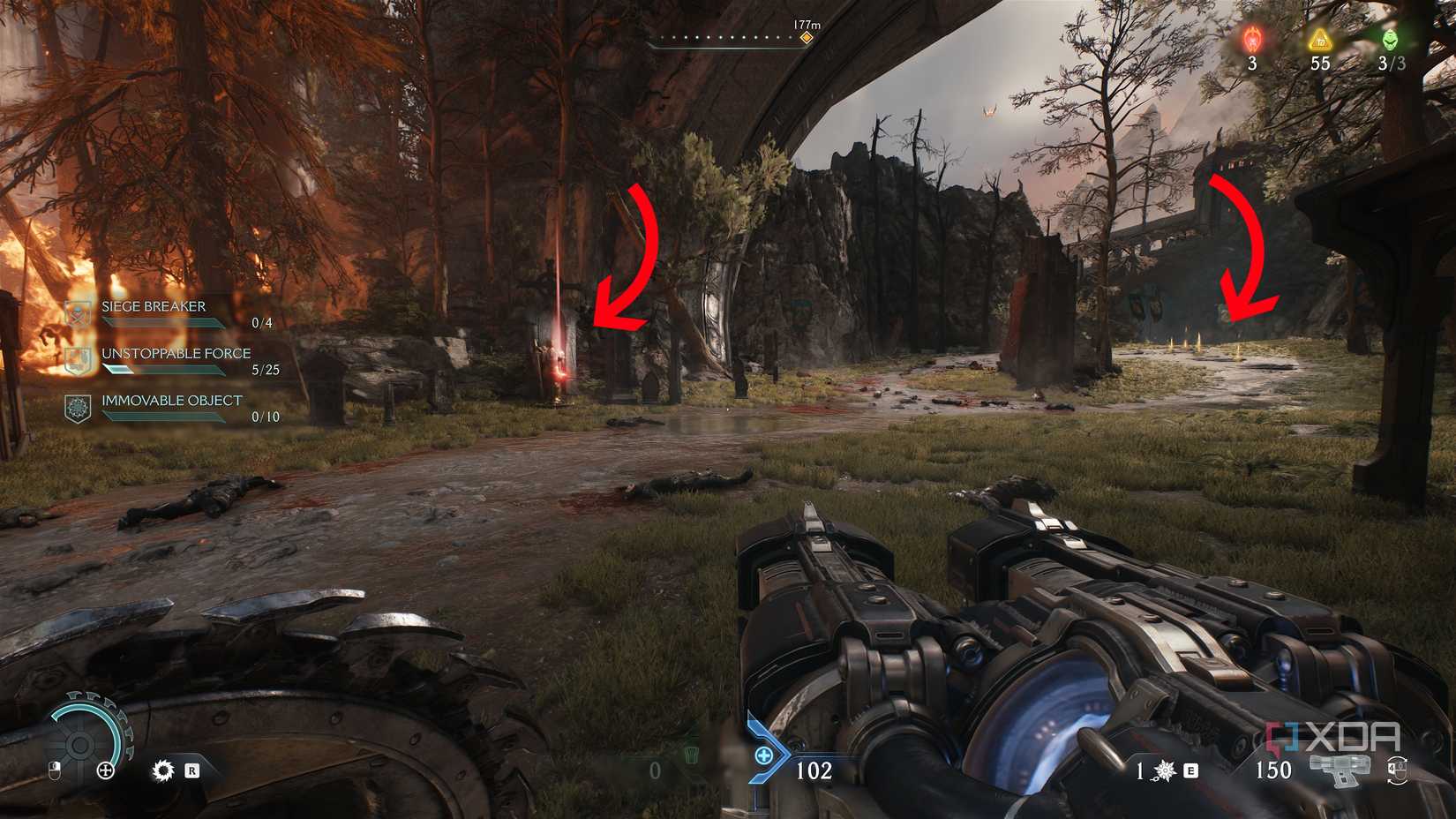 A red ruby statue and gold bars on the ground in Doom: The Dark Ages.