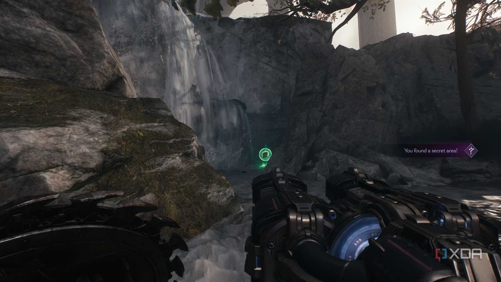A life sigil under a small waterfall in Doom: The Dark Ages.