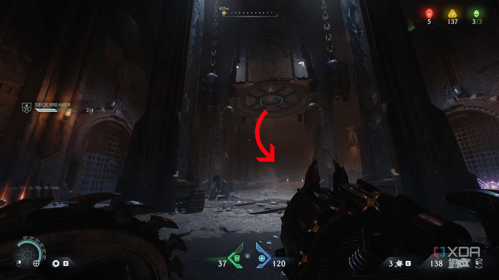 An arrow pointing to gold bars on the ground in Doom: The Dark Ages.
