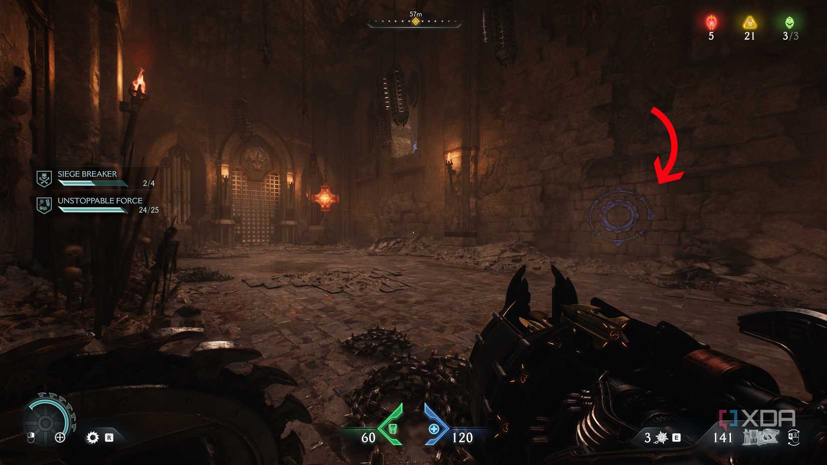 Arrow pointing to a bashable wall in Doom: The Dark Ages.