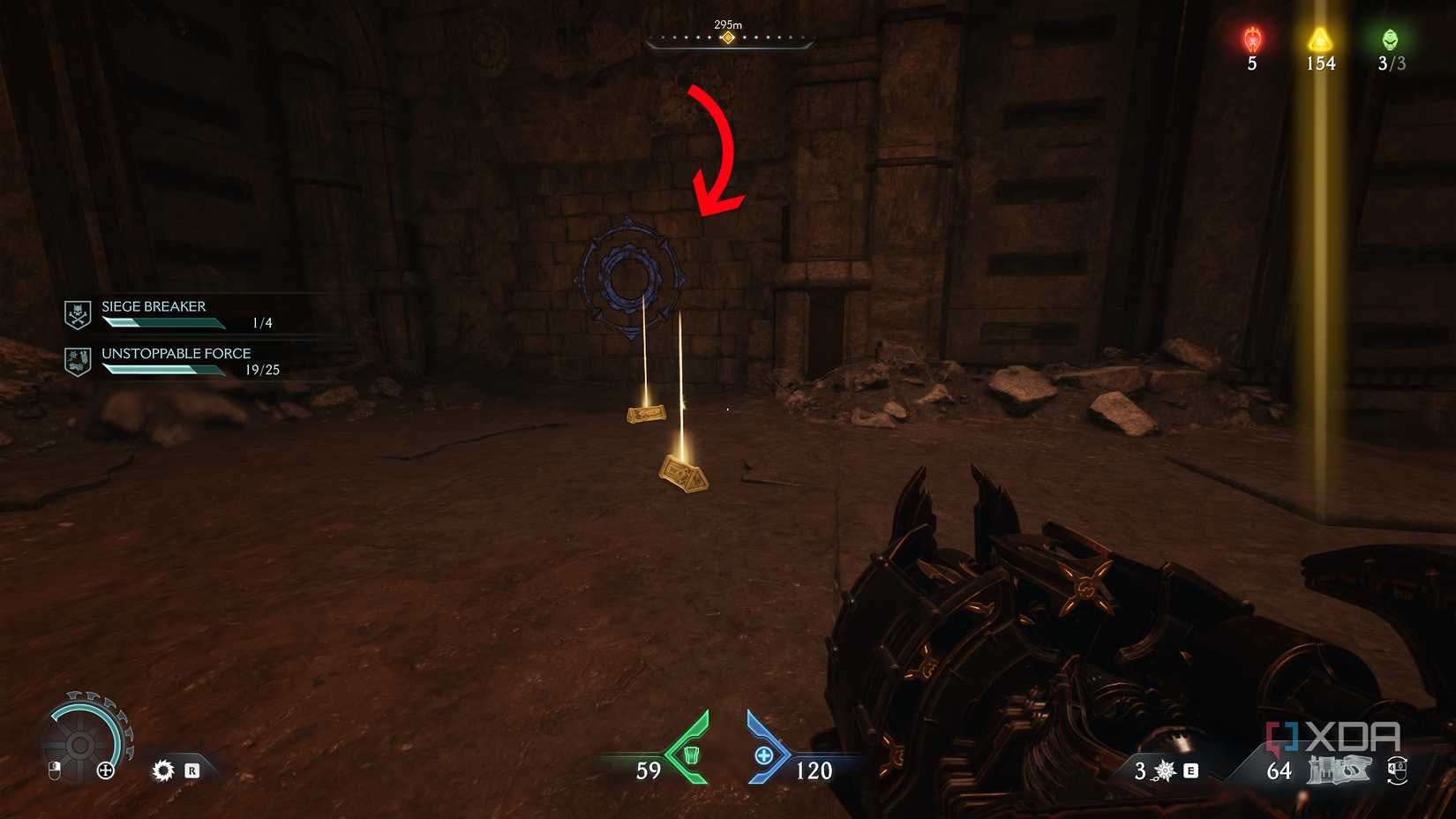 Gold bars lying in front of a bashable wall in Doom: The Dark Ages.