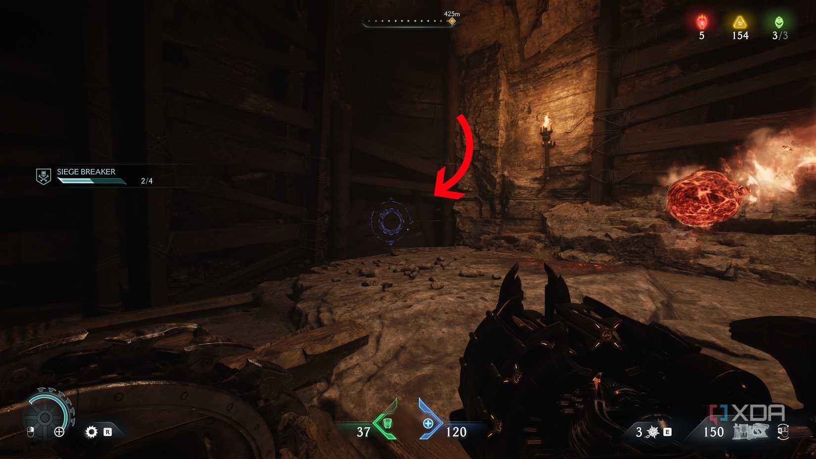 An arrow pointing to a bashable wall in Doom: The Dark Ages.