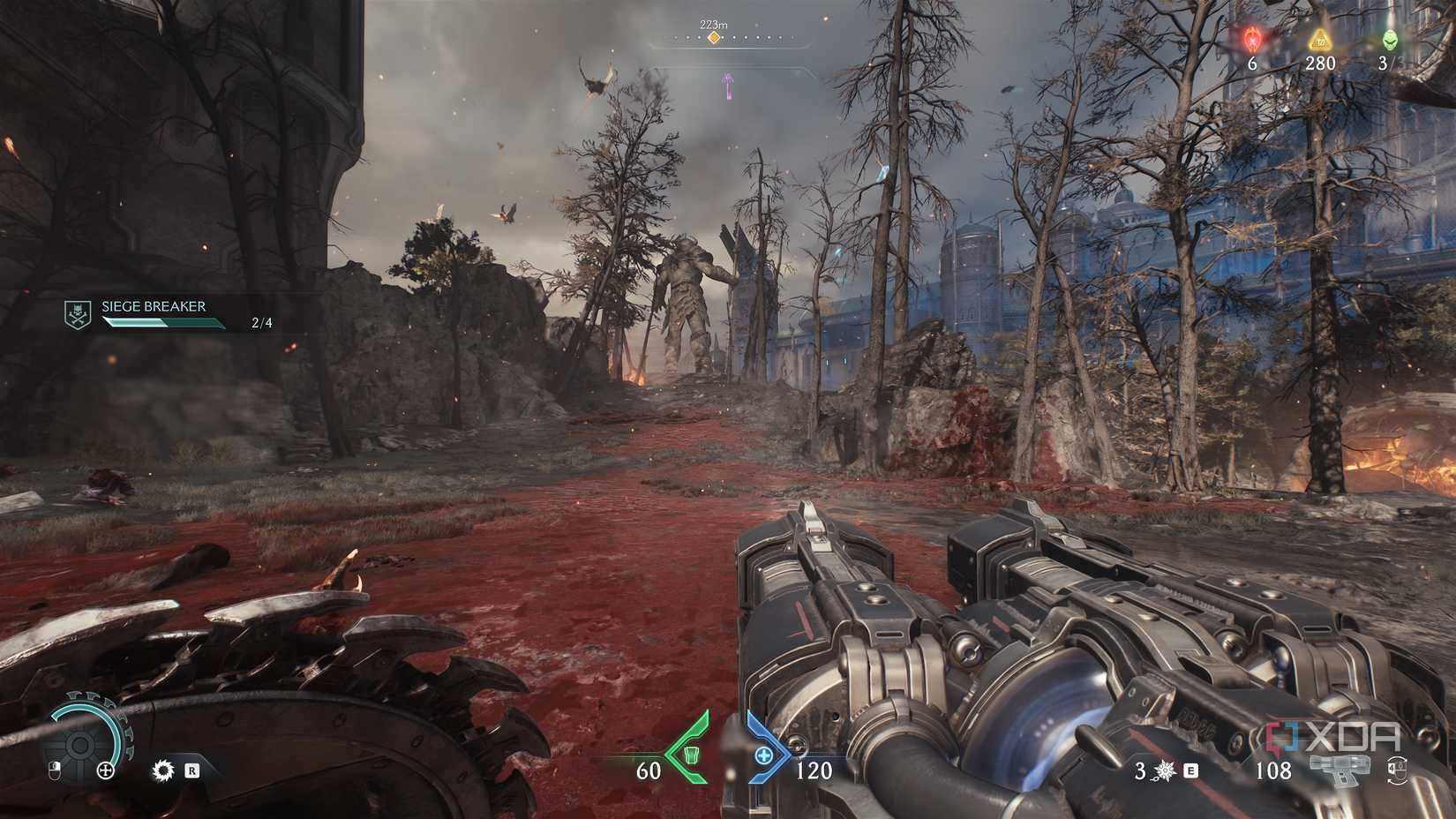 A statue of King Novik in a blood soaked field in Doom: The Dark Ages.
