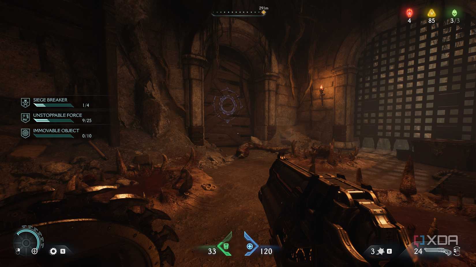 A wooden barricade with a Shield symbol on it in Doom: The Dark Ages.