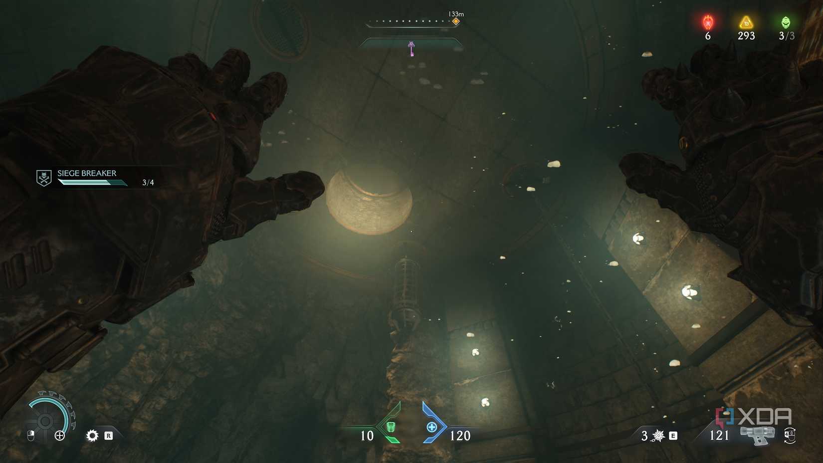 A hole in the roof as the slayer swims underwater in Doom: The Dark Ages.