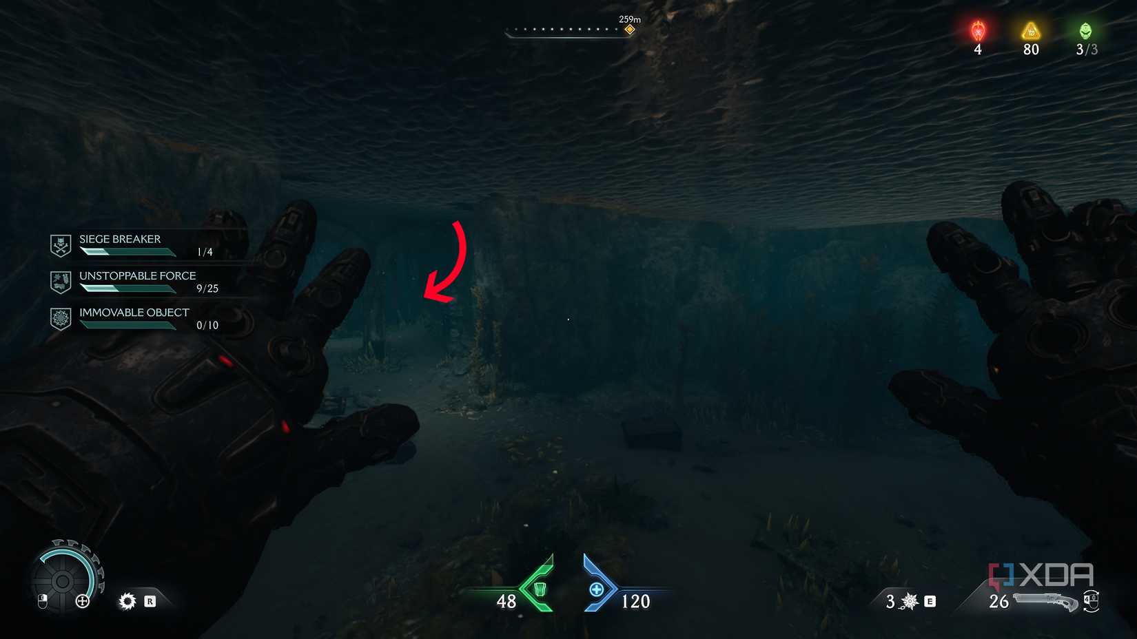 An arrow pointing the way underwater in Doom: The Dark Ages.