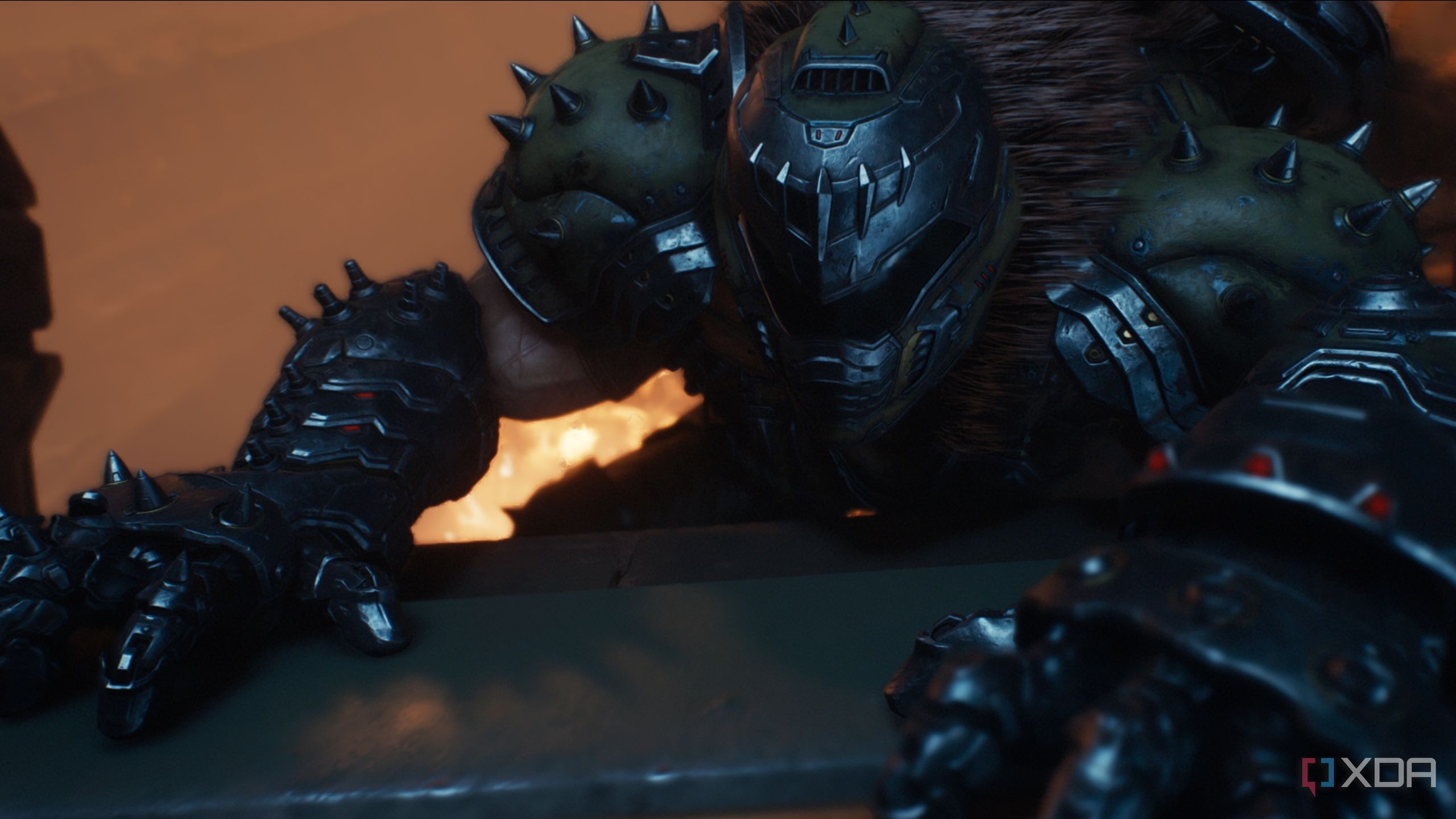 The Doom Slayer climbing a ledge in Doom: The Dark Ages.