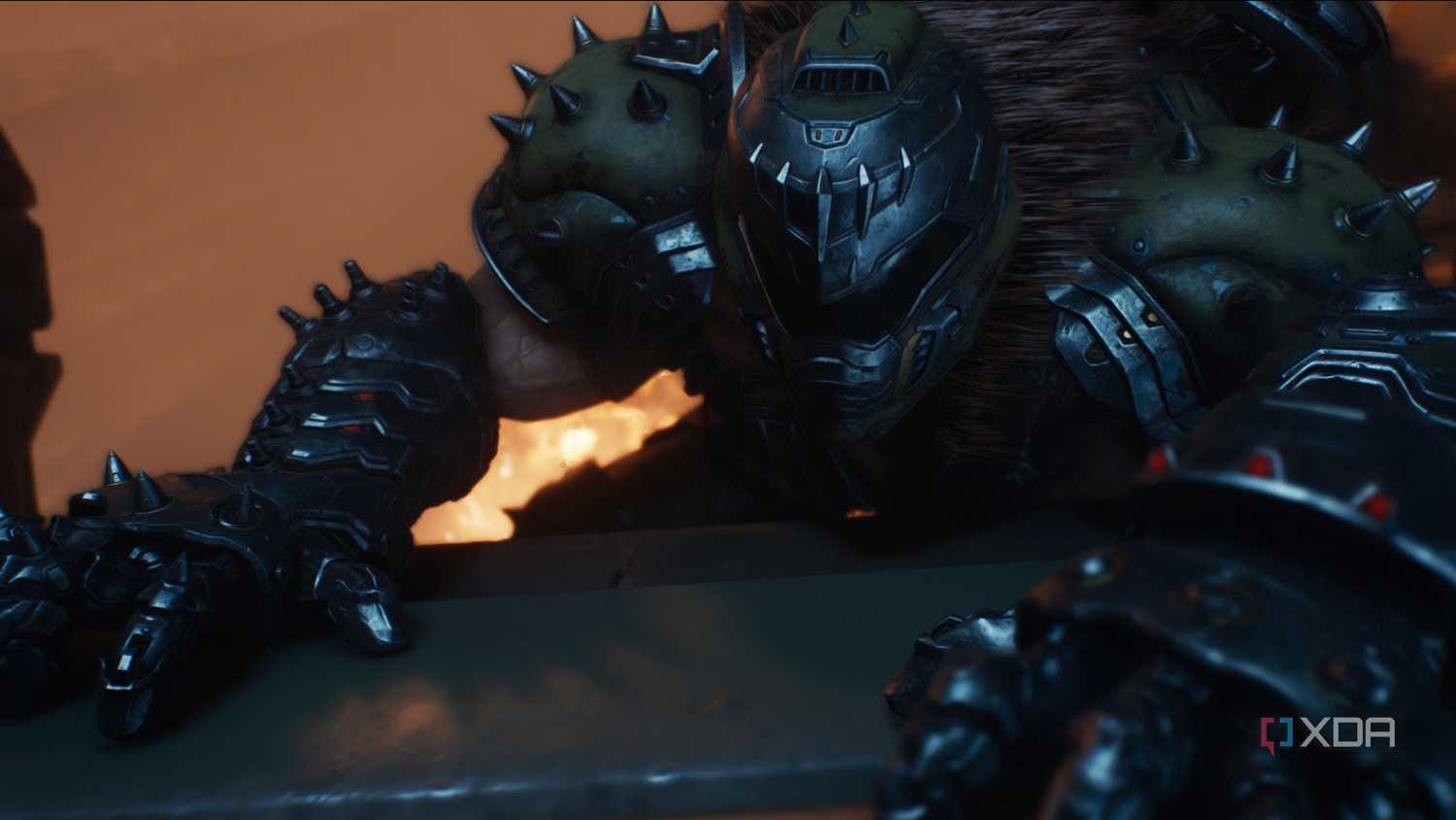 The Doom Slayer climbing a ledge in Doom: The Dark Ages.