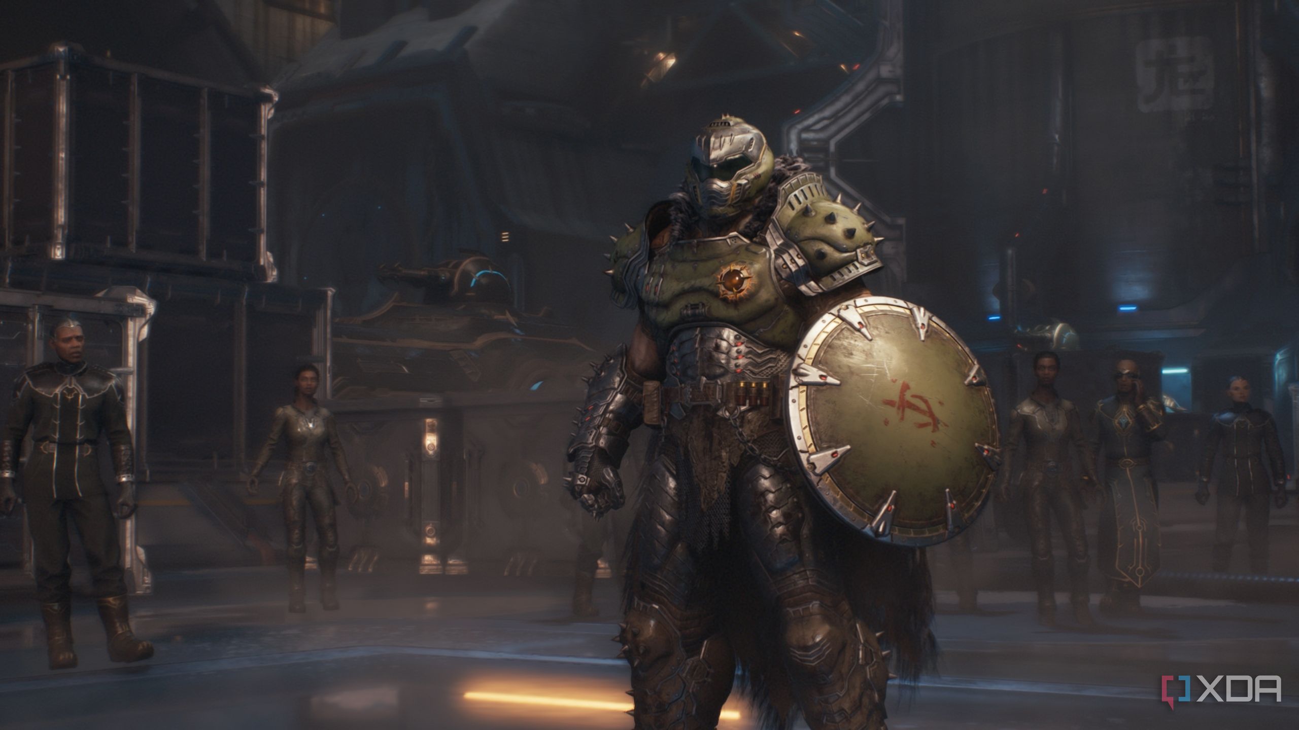 The Doom Slayer standing with a shield in his hand in Doom: The Dark Ages.