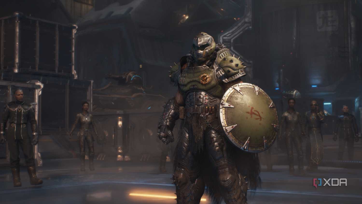 The Doom Slayer standing with a shield in his hand in Doom: The Dark Ages.