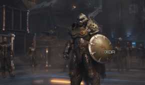 The Doom Slayer standing with a shield in his hand in Doom: The Dark Ages.