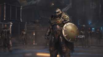The Doom Slayer standing with a shield in his hand in Doom: The Dark Ages.